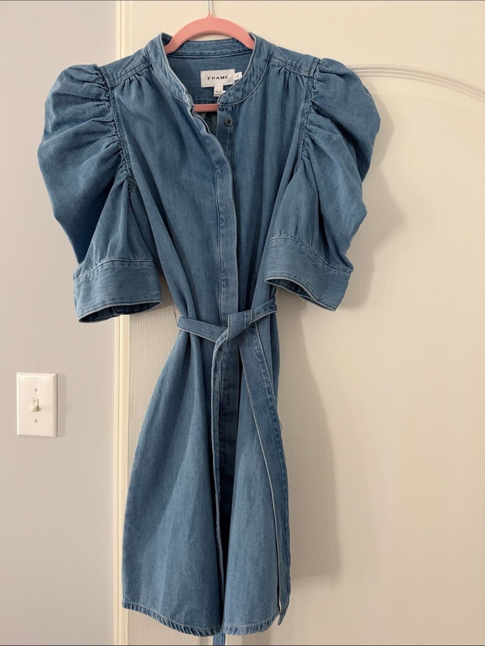 Frame Denim Blue Puff-Sleeve Tie-Waist Mini Dress